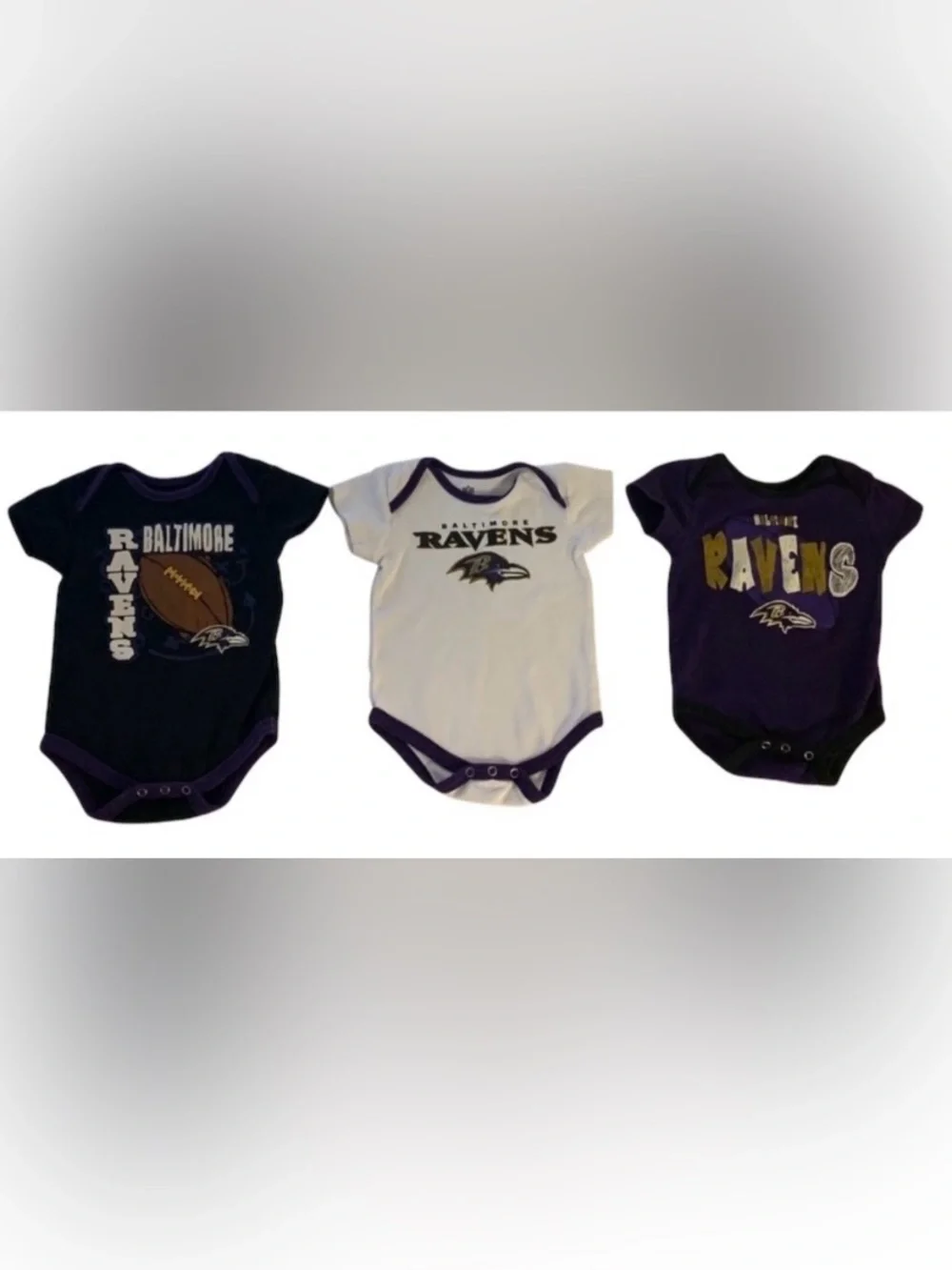 NFL Baltimore Ravens Three Piece Bodysuit Lot 6/9 Months Purple Black Cotton
